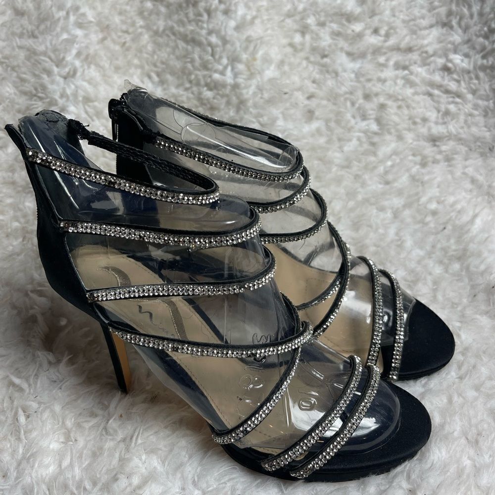 Nina Black Satin heels sandals Rhinestone straps back zipper  size 7.5M